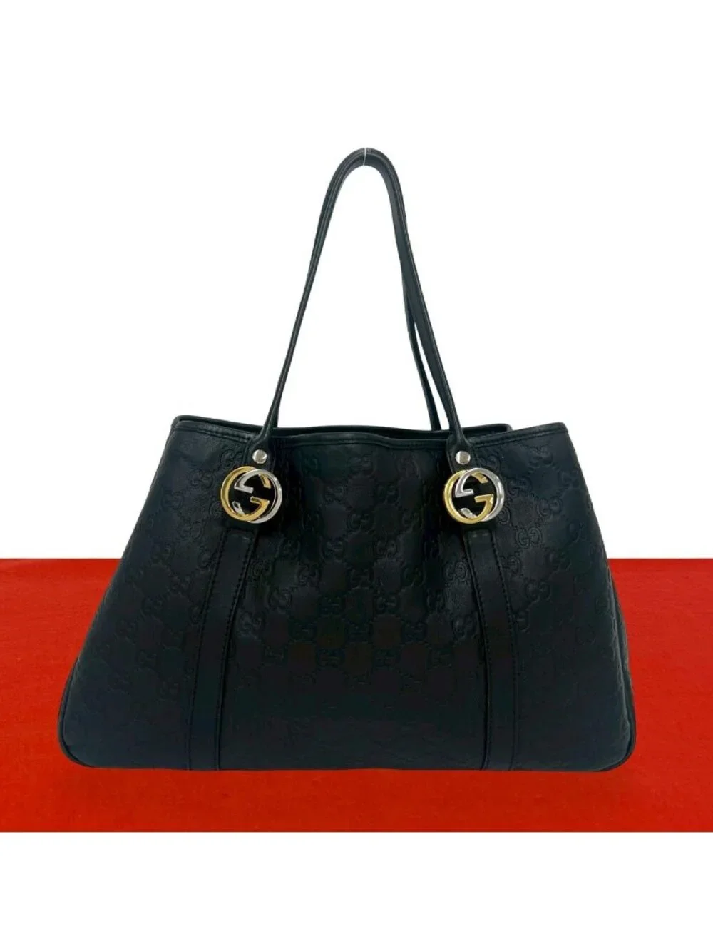 Gucci Guccissima GG Logo Hardwar Leather Tote Shoulder Bag Black